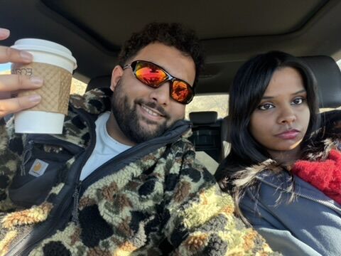 A car selfie on a coffee run